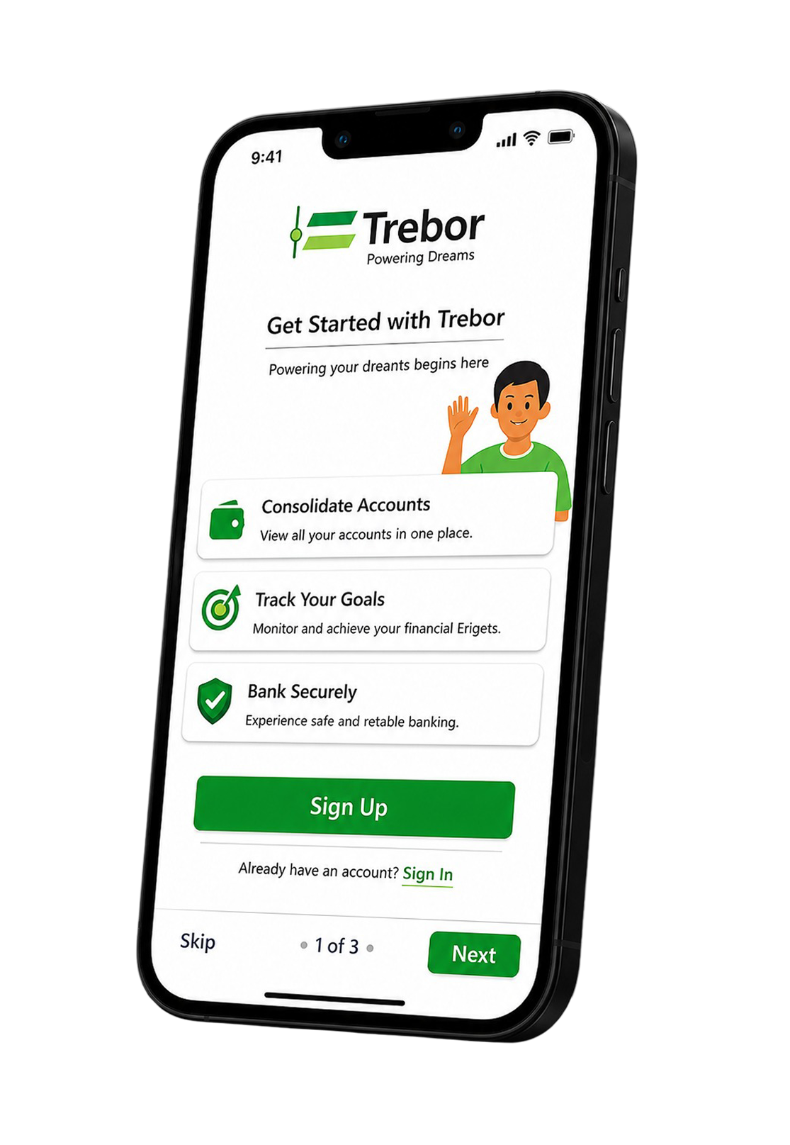 Trebor onboarding on a phone